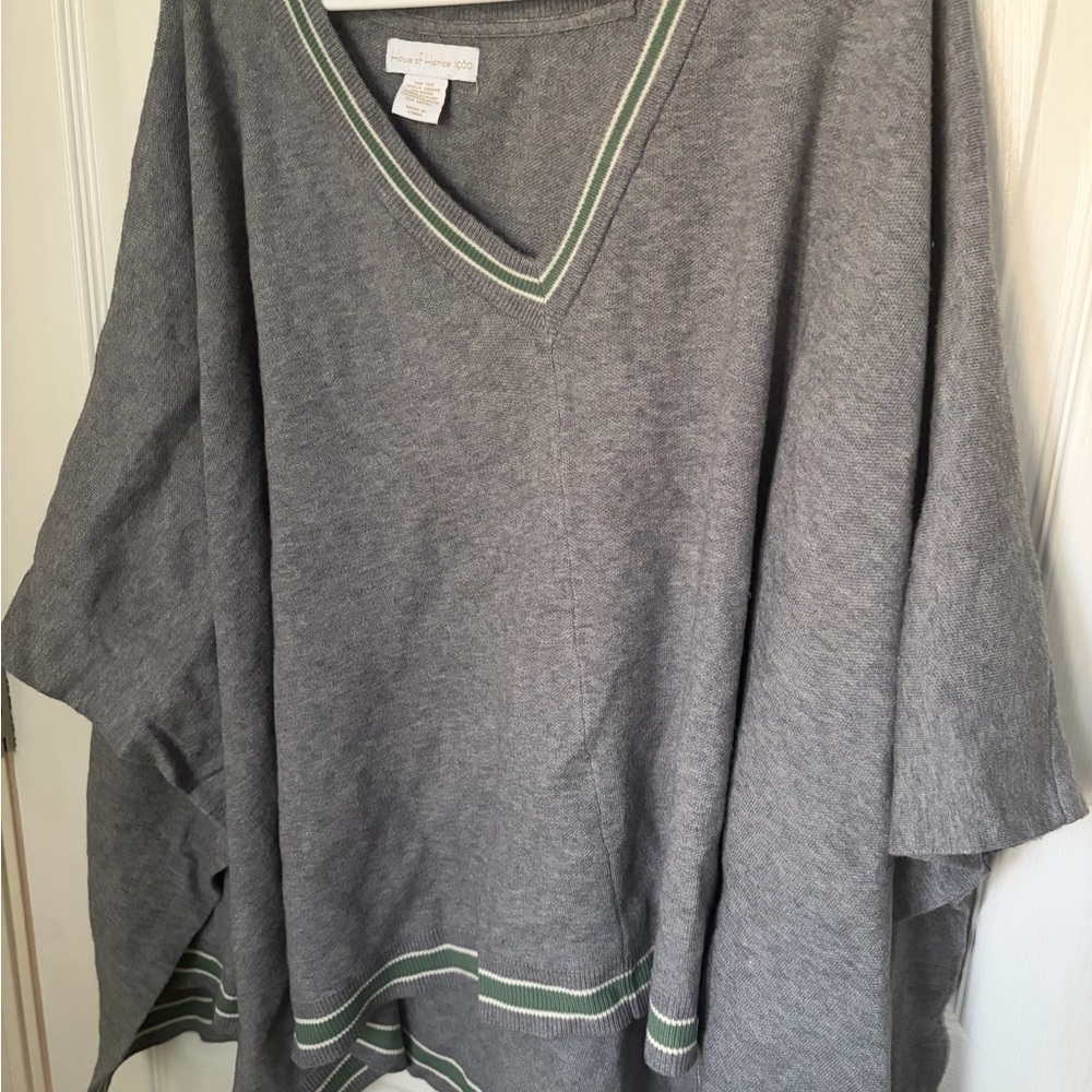 Gray V-Neck Knit Poncho with Green & White Trim